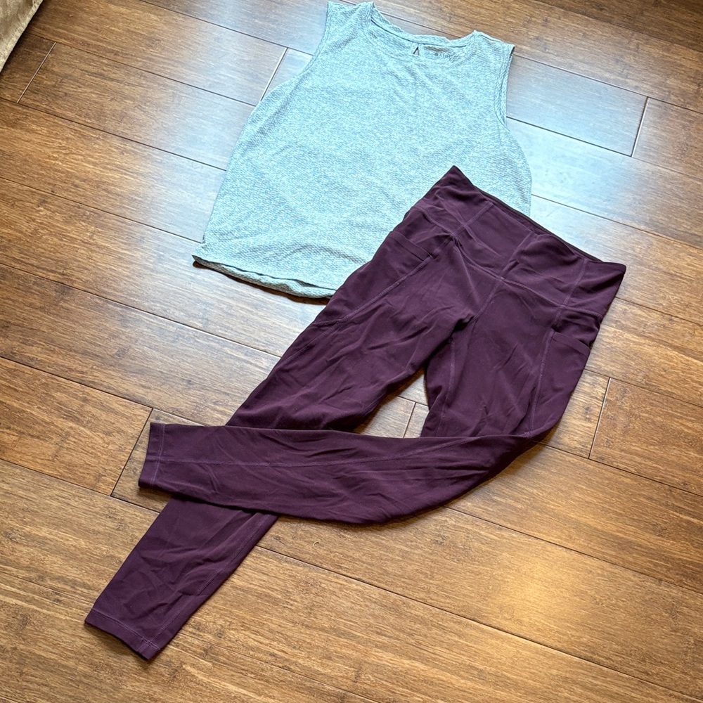 Athleta Gray Sleeveless Top & Plum Leggings Set, small